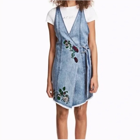 H&M Denim - H&M Loves Coachella Denim Wrap Dress with Floral Embroidery